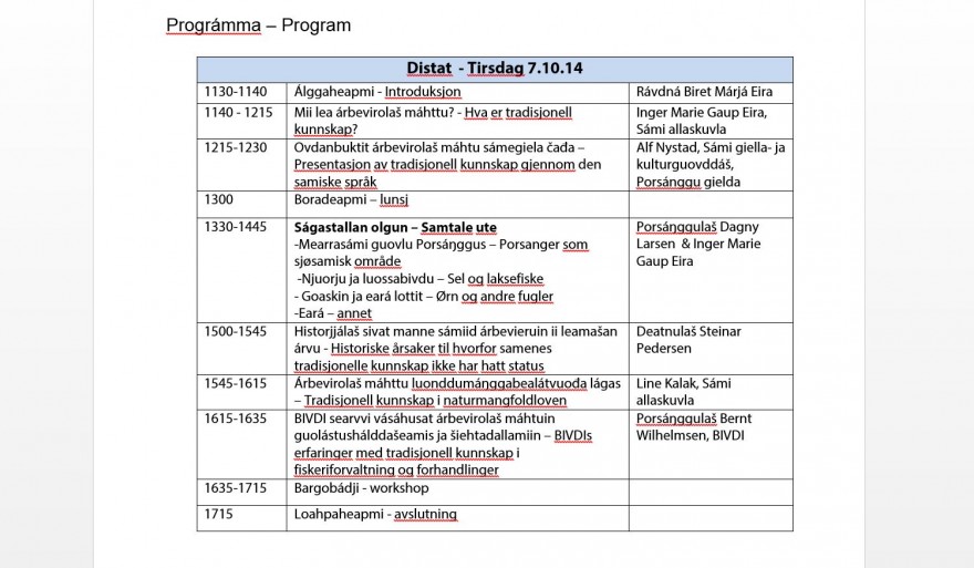 Bilde av program for seminaret TRADISJONELL KUNNSKAP I PORSANGER.