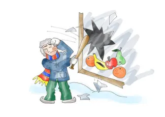 drawing of a boy smashing a store window with a baseball bat