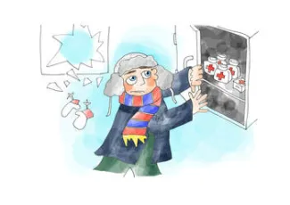 Drawing of boy opening a medicine cabinet