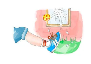 drawing of a leg kicking a football into a window that breaks