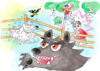 Drawing of a wolf scaring three sheep and a child